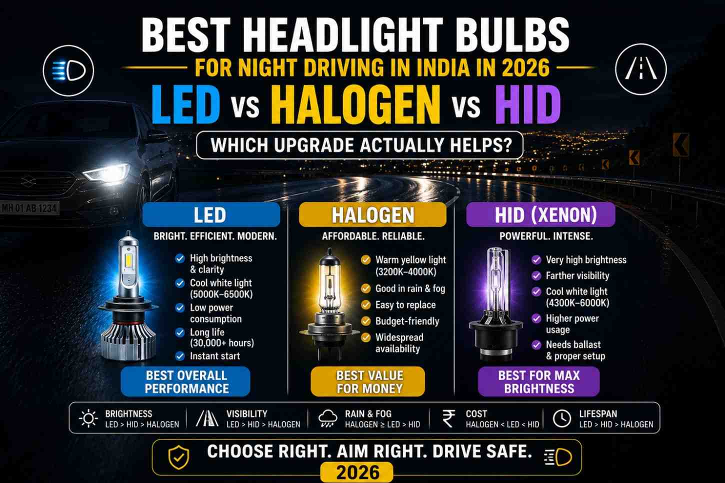 Best Headlight Bulbs for Night Driving in India in 2026 — LED vs Halogen vs HID — Which Upgrade Actually Helps