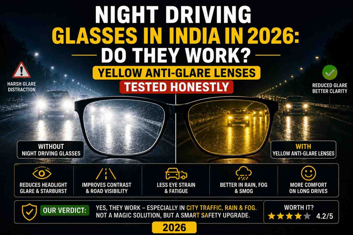 Night Driving Glasses in India in 2026: Do They Work? — Yellow Anti-Glare Lenses Tested Honestly