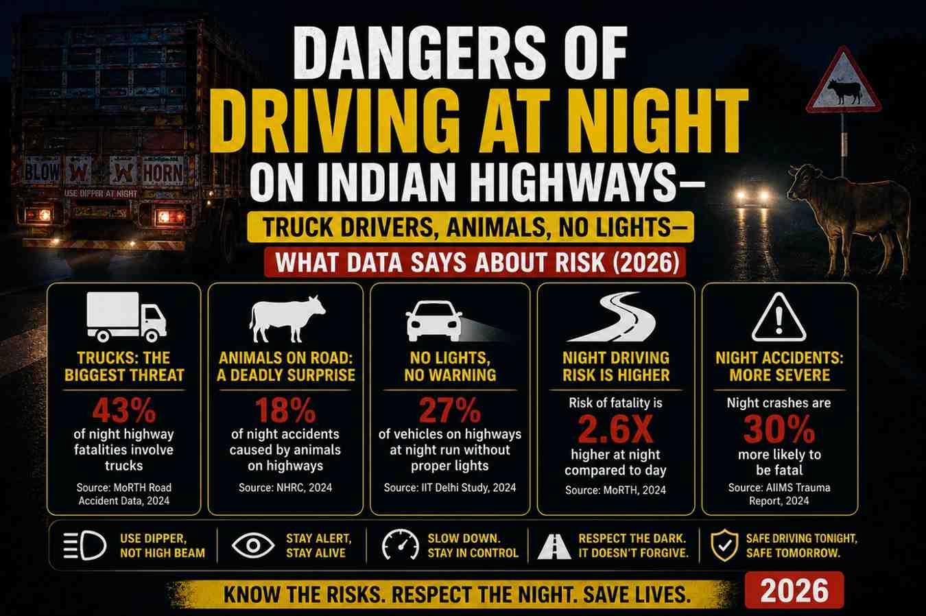 Dangers of Driving at Night on Indian Highways—Truck Drivers, Animals, No Lights—What Data Says About Risk (2026)