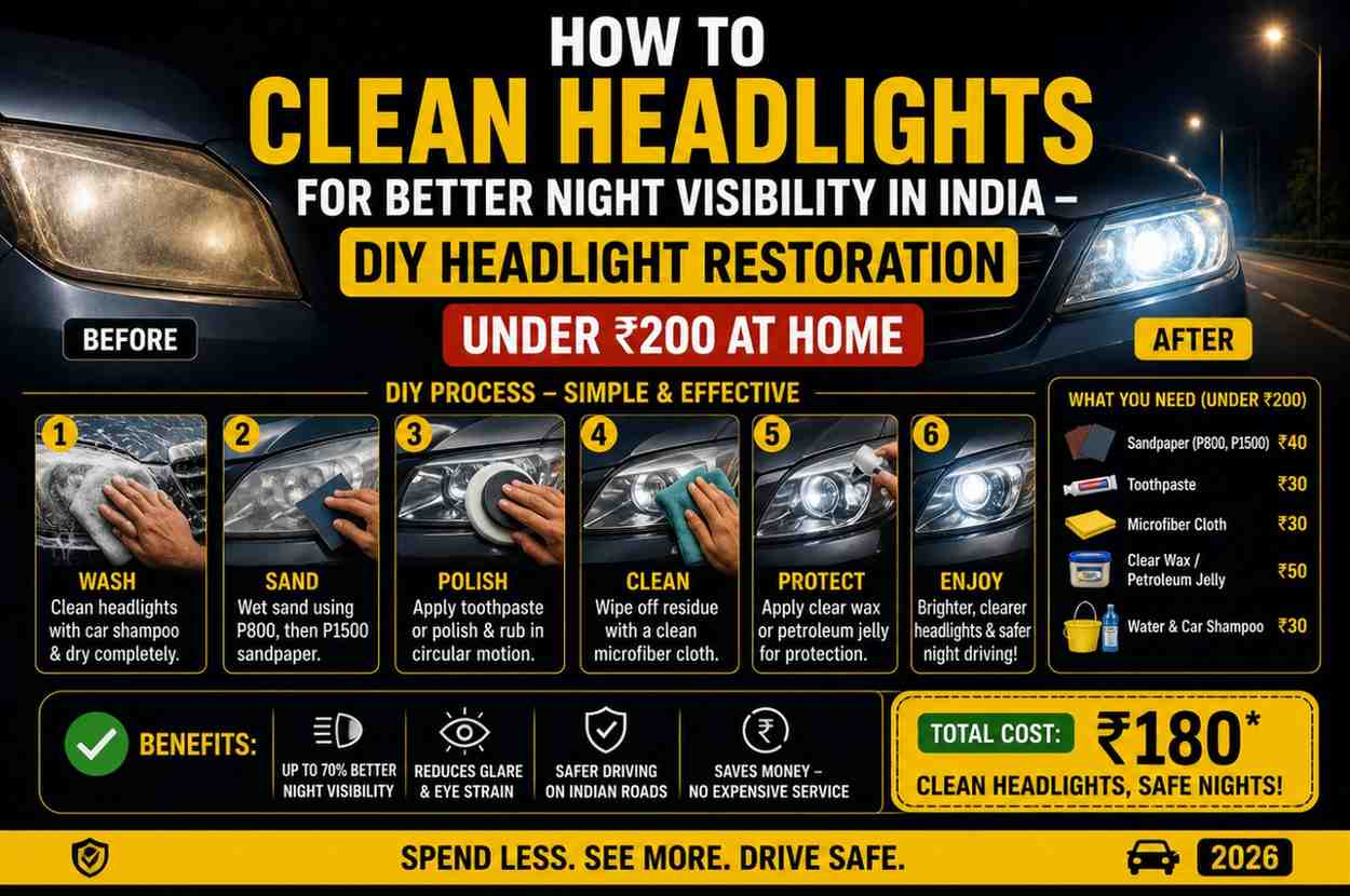 How to Clean Headlights for Better Night Visibility in India — DIY Headlight Restoration Under ₹200 at Home