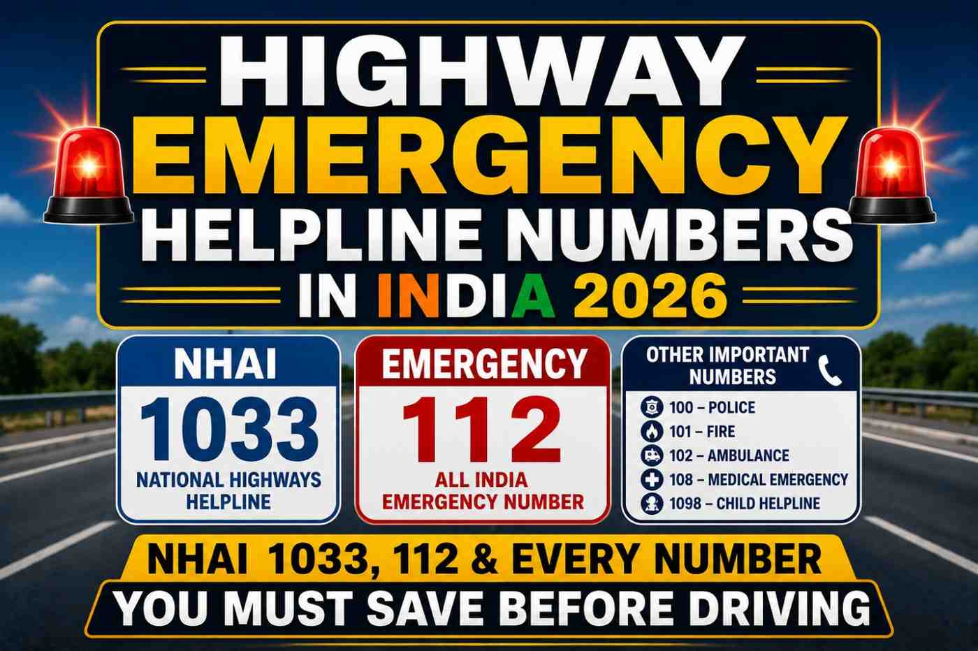 Highway Emergency Helpline Numbers in India 2026—NHAI 1033, 112 & Every Number You Must Save Before Driving