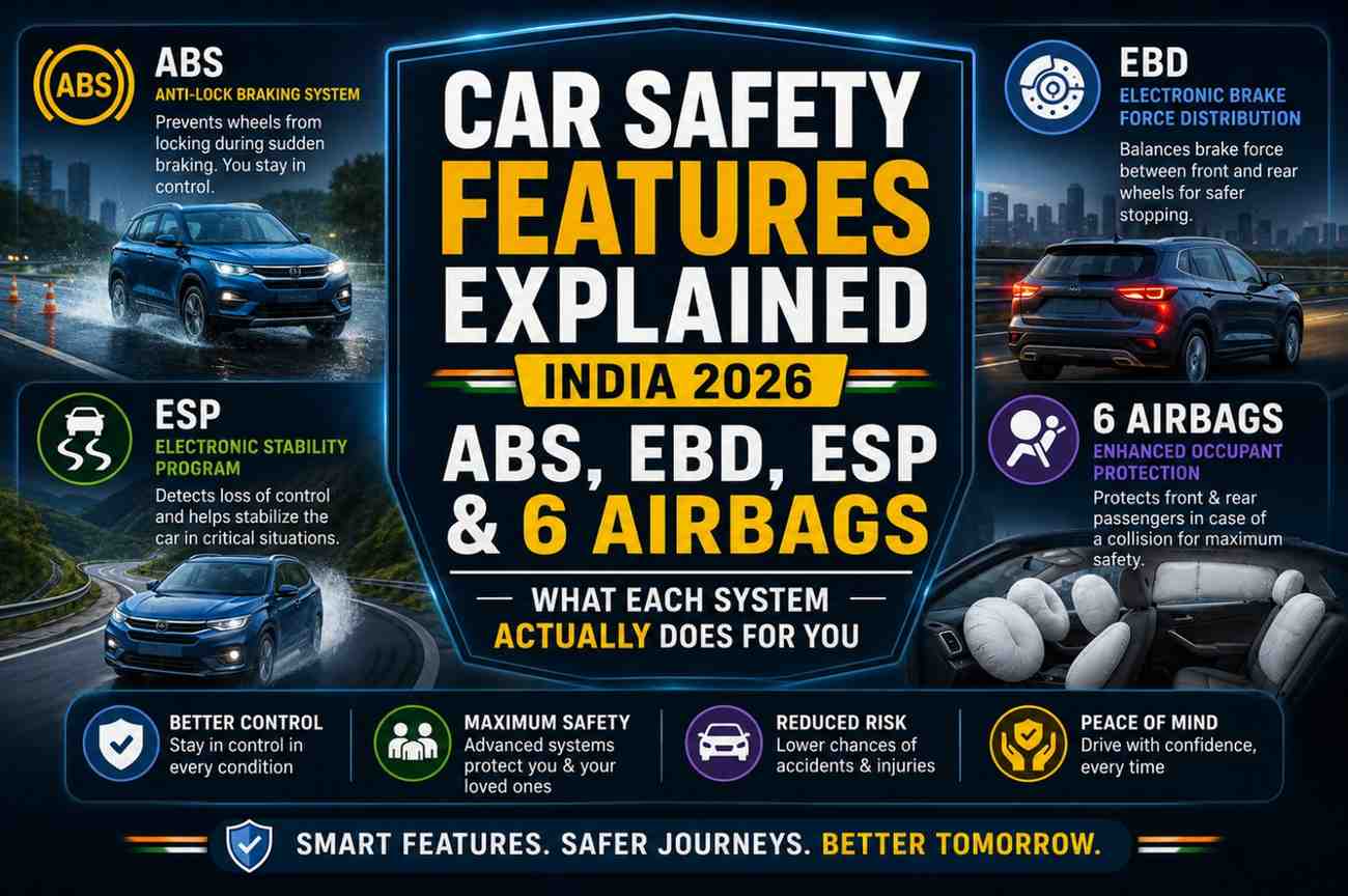 Car Safety Features Explained India 2026 — ABS, EBD, ESP & 6 Airbags — What Each System Actually Does For You